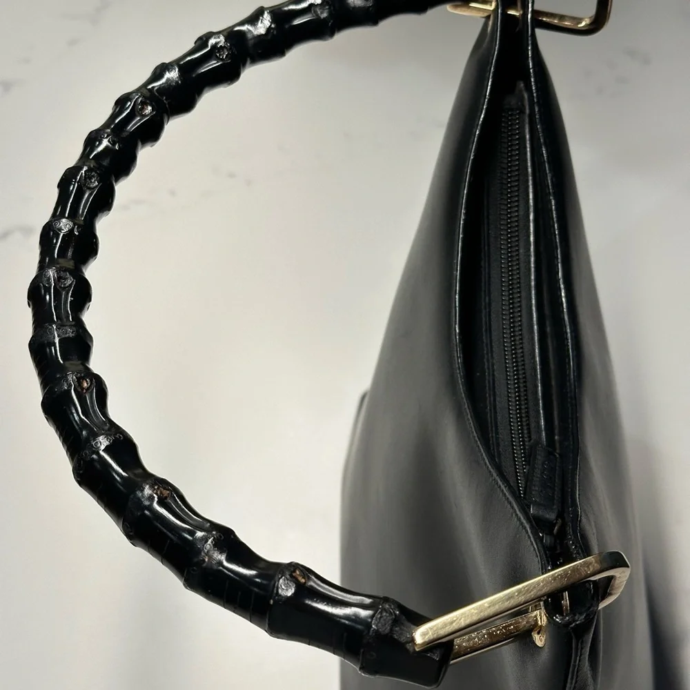 Gucci Black Calf Leather Shoulder Bag with Bamboo Handle + COA - Picture 10 of 16